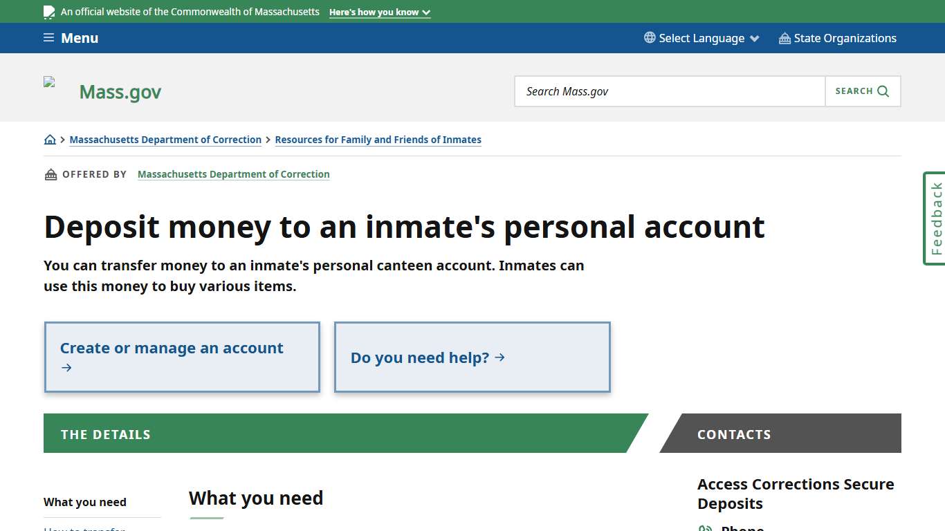 Deposit money to an inmate's personal account Mass.gov